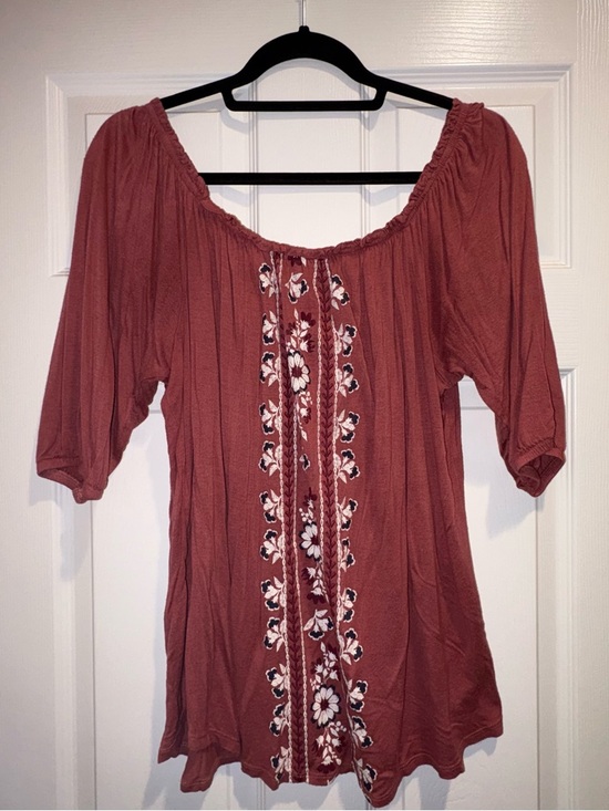 Rewind Tops - Rewind Rust Floral Embroidered Tunic Off the Shoulder